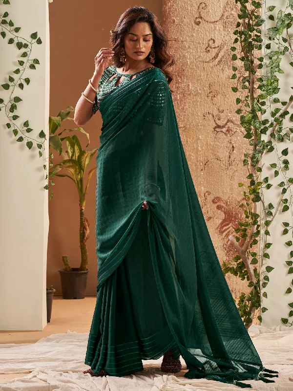 Women's Georgette Green Printed Designer Saree With Blouse Piece Drape Neck Blouse