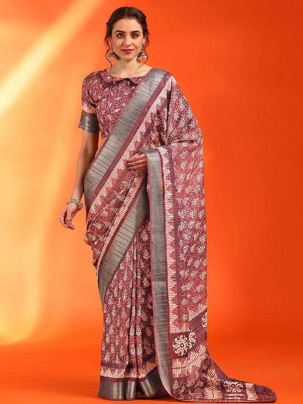 Women's Cotton Silk Brown Printed Designer Saree With Blouse Piece Delicate Pleat Blouse
