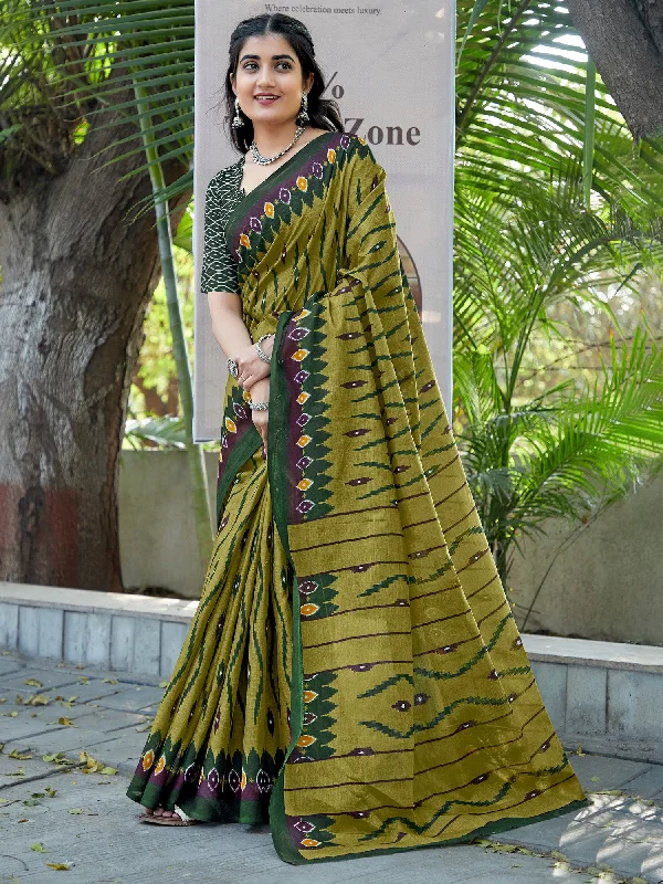 Women's Cotton Olive Printed Designer Saree With Blouse Piece Silky Draped Blouse