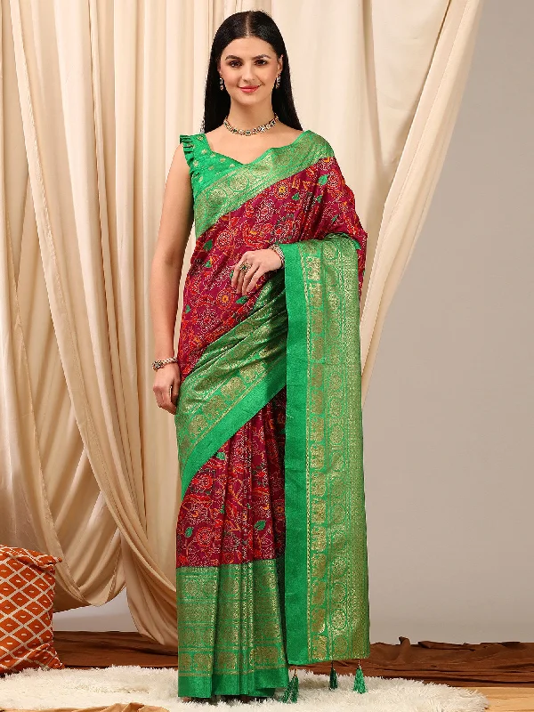 Women's Cotton Blend Magenta Printed Designer Saree With Blouse Piece Casual Button Blouse