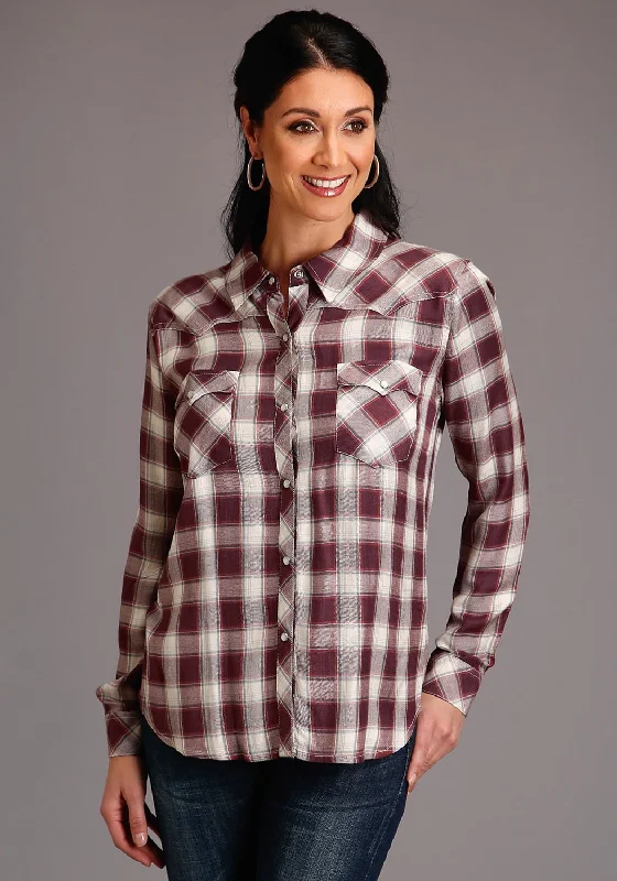Stetson Womens Wine Rayon/Nylon Gaucho Plaid L/S Shirt-- Houndstooth Herringbone Solid