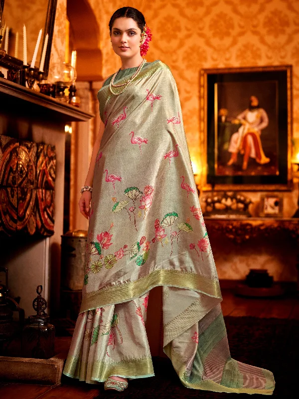 Women's Manipuri Silk Beige Printed Designer Saree With Blouse Piece Flowy Bohemian Blouse