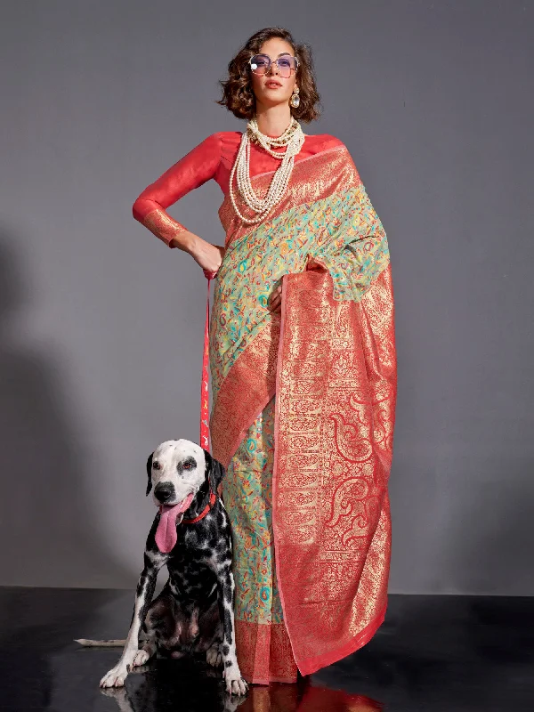 Women's Silk Blend Sea Green Woven Design Designer Saree With Blouse Piece Modern Oversized Blouse
