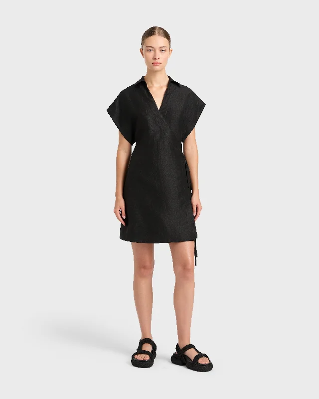 Bormio Wrap Mini Dress - Black Stylish Ribbed Mini Dress