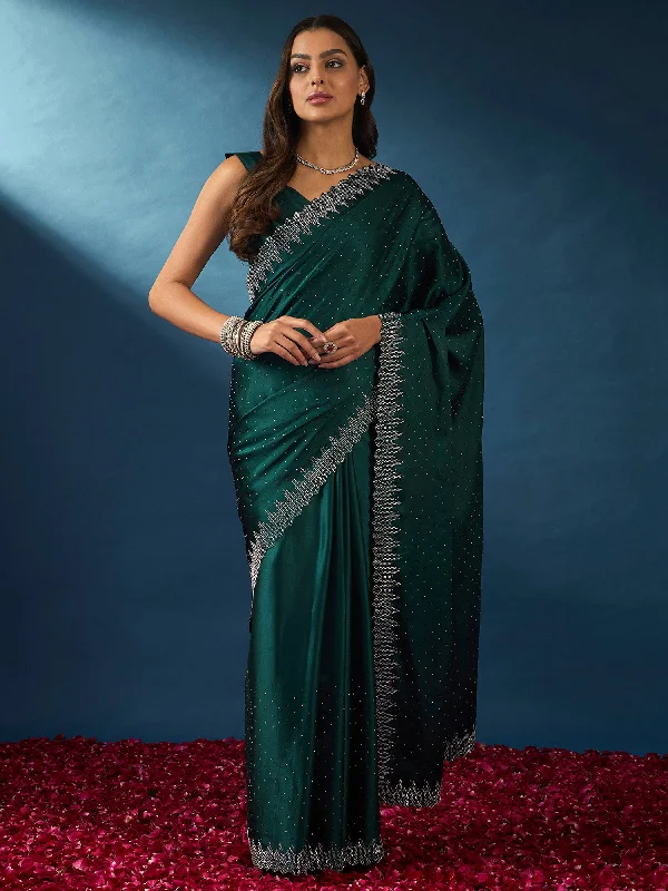 Women's Satin Silk Teal blue Embellished Designer Saree With Blouse Piece Feminine Pastel Blouse