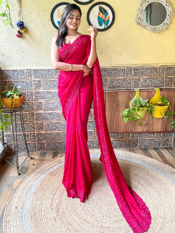 Women's Georgette Pink Embroidered Designer Saree With Blouse Piece Puff Sleeve Blouse