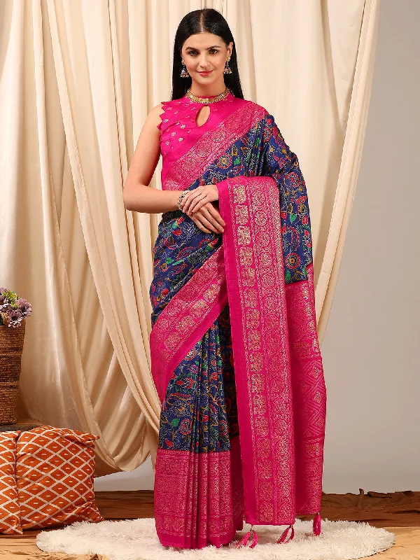 Women's Cotton Blend Navy Blue Printed Designer Saree With Blouse Piece Floral Print Blouse