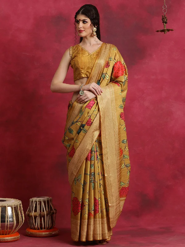 Women's Cotton Blend Mustard Printed Designer Saree With Blouse Piece Elegant Embroidery Blouse
