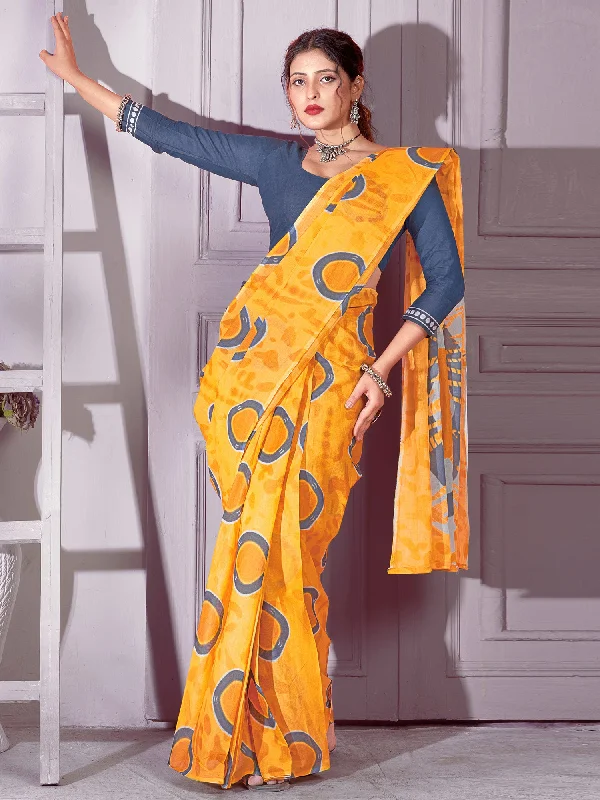 Women's Cotton Yellow Printed Designer Saree With Blouse Piece Oversized Silk Blouse