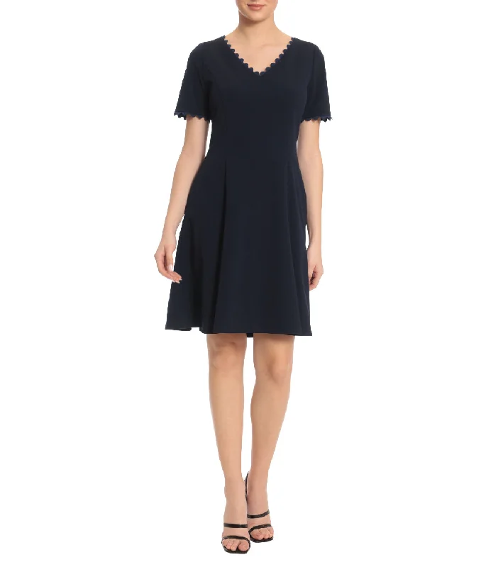 A-Line Mini Dress With 3/4" Sleeve And Trim Detail Cozy Cotton Mini Dress