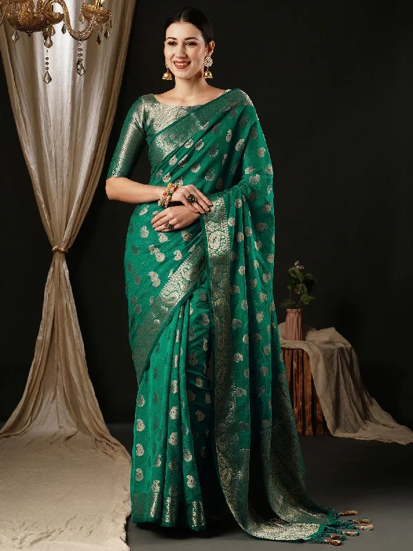 Women's Georgette Turquoise Woven Design Designer Saree With Blouse Piece Modern Oversized Blouse