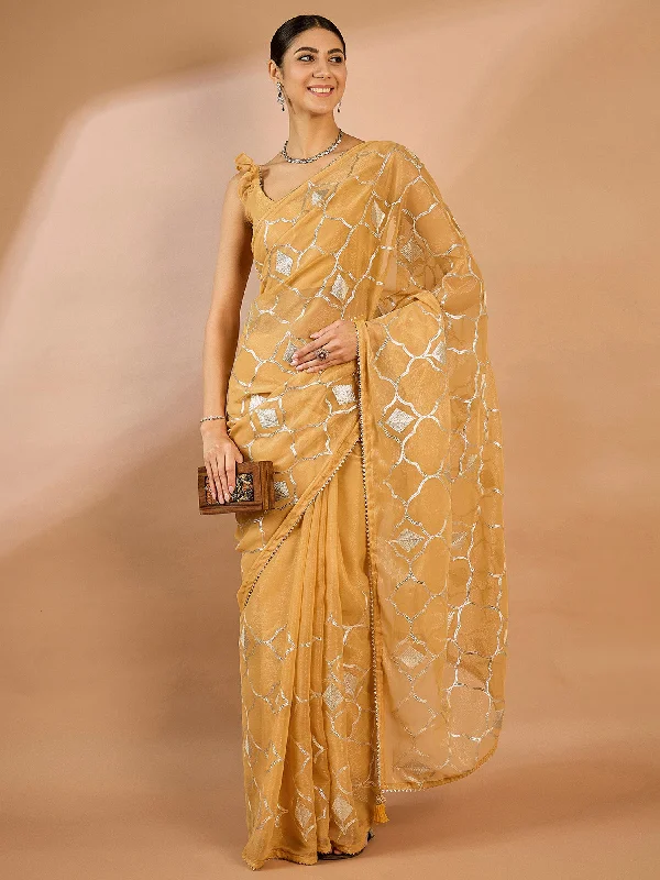 Women's Georgette Beige Embellished Designer Saree With Blouse Piece Drape Neck Blouse