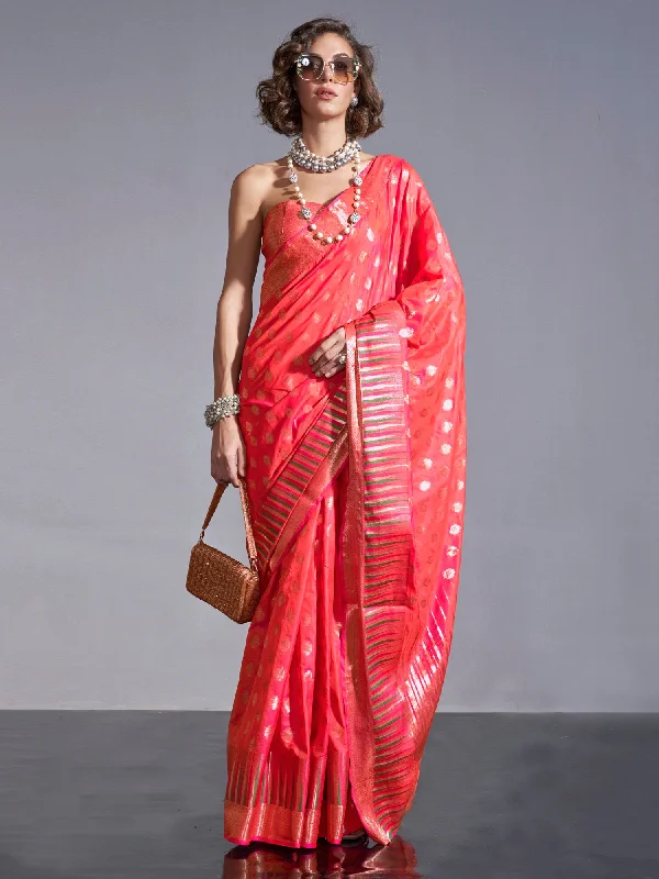 Women's Silk Blend Peach Woven Design Handloom Saree With Blouse Piece Delicate Bow Blouse