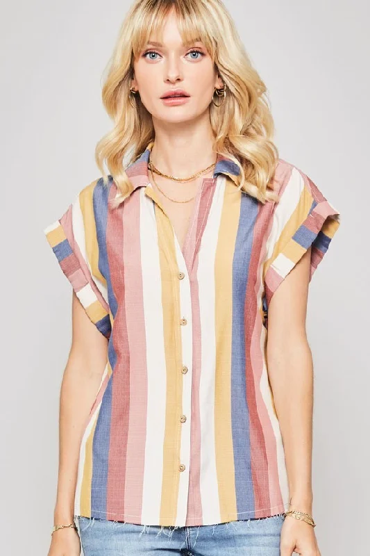 A Woven Shirt In Multicolor Striped With Collared Neckline-- Hooded Caped Shawl Collar