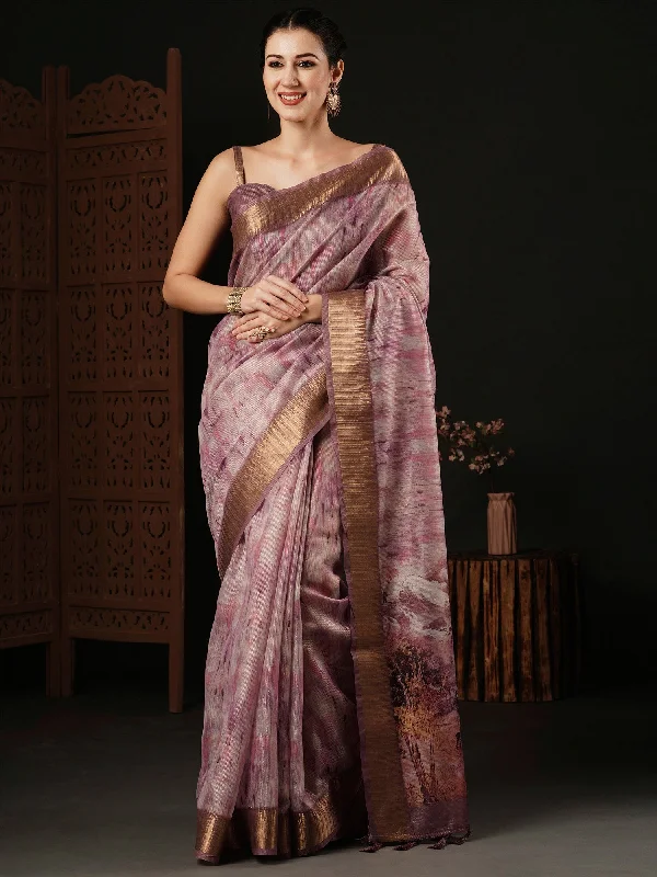 Women's Organza Mauve Printed Designer Saree With Blouse Piece Stylish Wrap Blouse