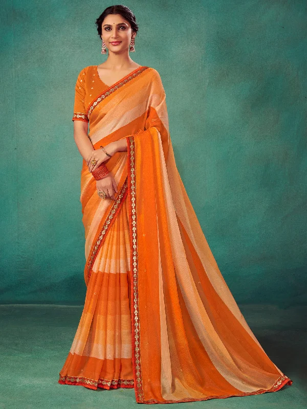 Women's Chiffon Orange Embellished Designer Saree With Blouse Piece Bell Sleeve Blouse