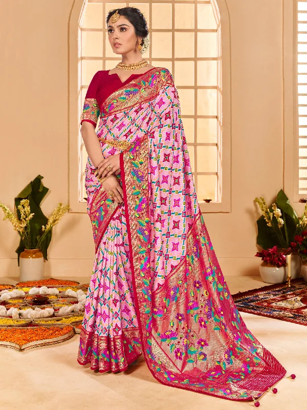 Women's Tussar Silk Pink Printed Designer Saree With Blouse Piece Satin Bow Blouse