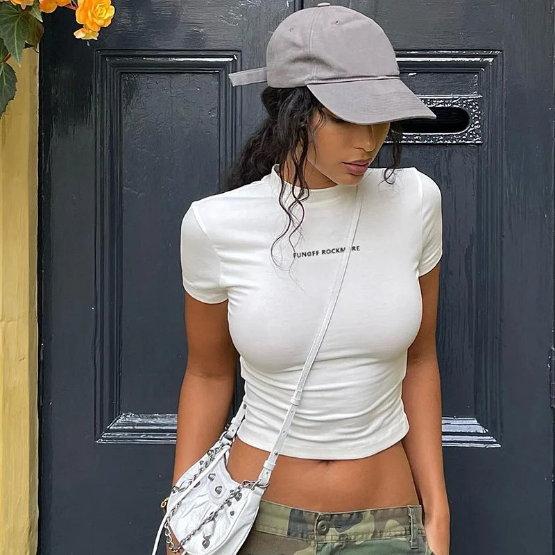 Printed Short-sleeved T-shirt Simple And Slim-- Front Pockets Side Pockets Patch Pockets