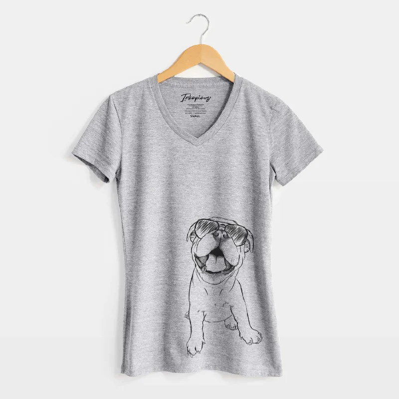Aviator Tyke the English Bulldog - Women's V-neck Shirt-- Striped Floral Plaid