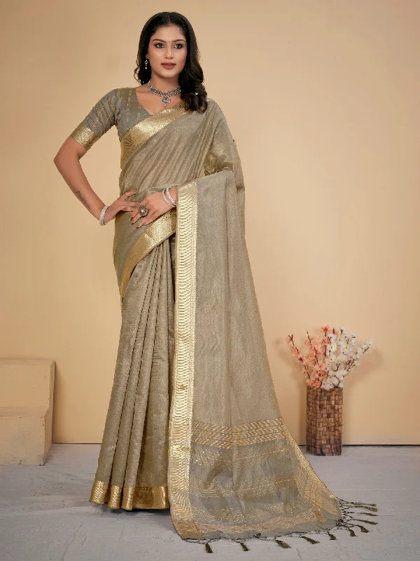 Women's Cotton Silk Grey Embellished Designer Saree With Blouse Piece Semi-Sheer Blouse