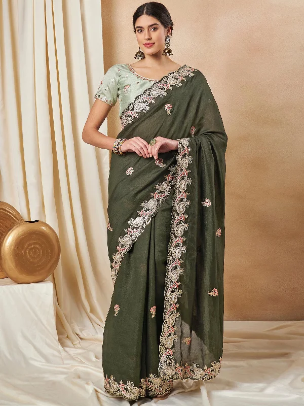 Women's Silk Blend Olive Embellished Designer Saree With Blouse Piece Sleeveless Chiffon Blouse