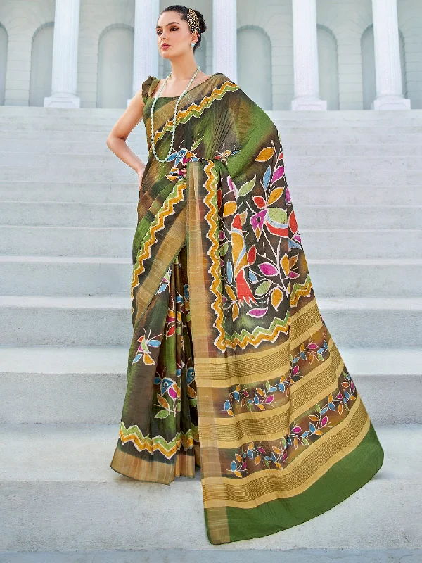 Women's Cotton Blend Green Printed Designer Saree With Blouse Piece Smart Casual Blouse