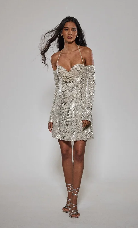 Champagne Sequin Corsage Mini Dress Cozy Long Sleeve Mini Dress