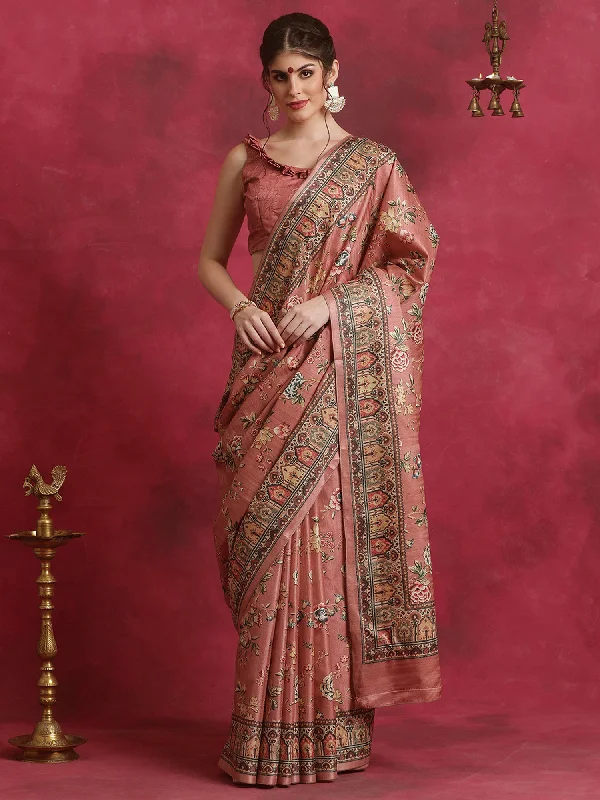 Women's Cotton Blend Brown Printed Designer Saree With Blouse Piece Soft Pastel Blouse