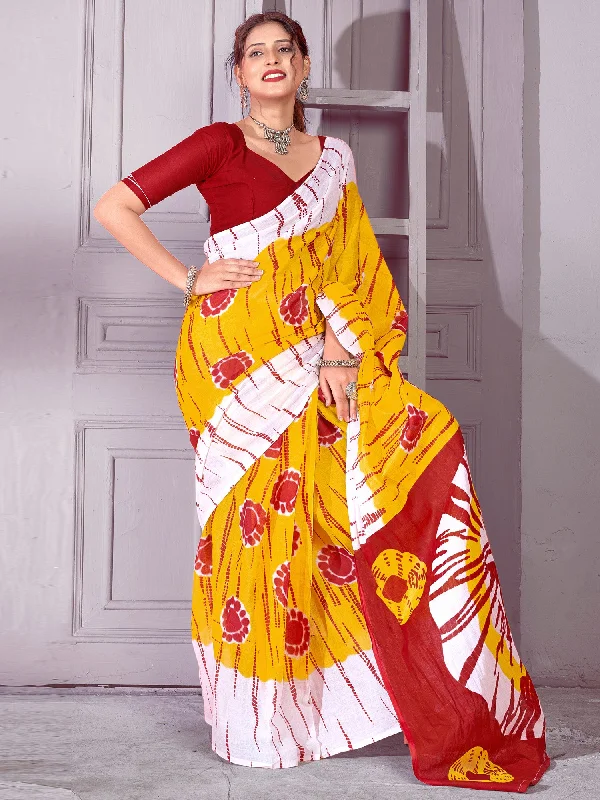 Women's Cotton Yellow Printed Designer Saree With Blouse Piece Semi-Sheer Blouse