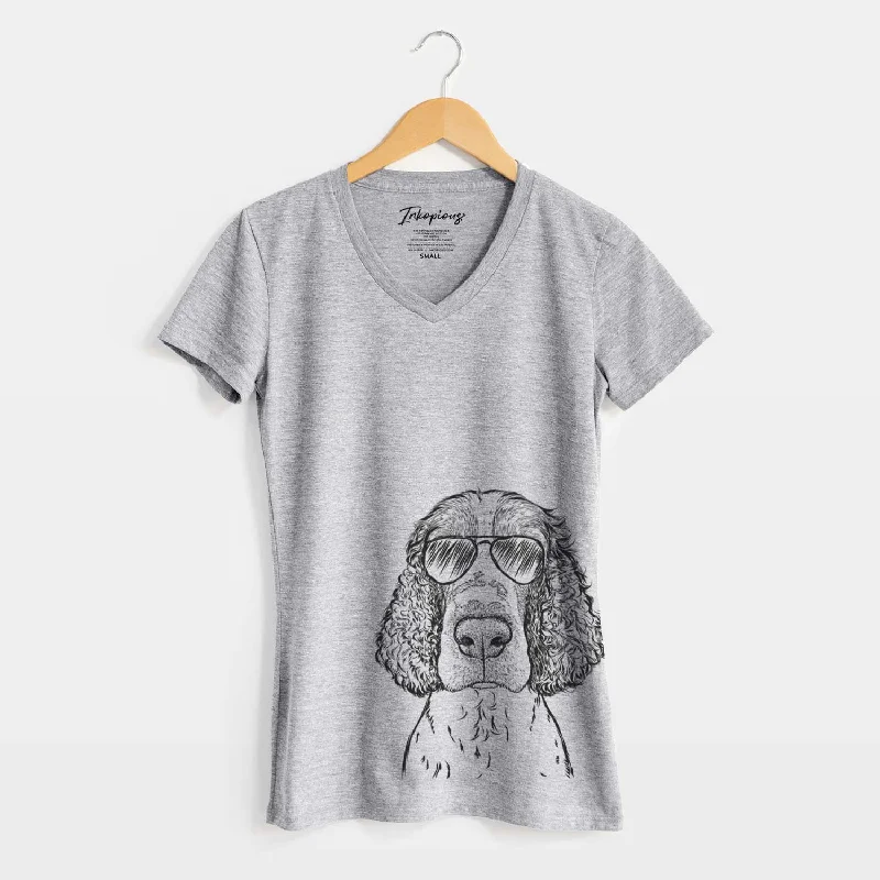 Aviator Wilbur the English Springer Spaniel - Women's V-neck Shirt-- Silk Blend Satin Velvet