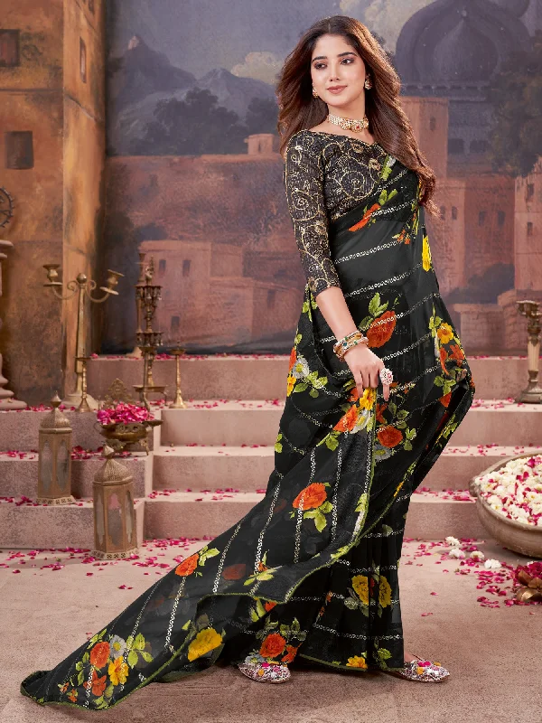 Women's Georgette Black Embellished Designer Saree With Blouse Piece Stylish Wrap Blouse