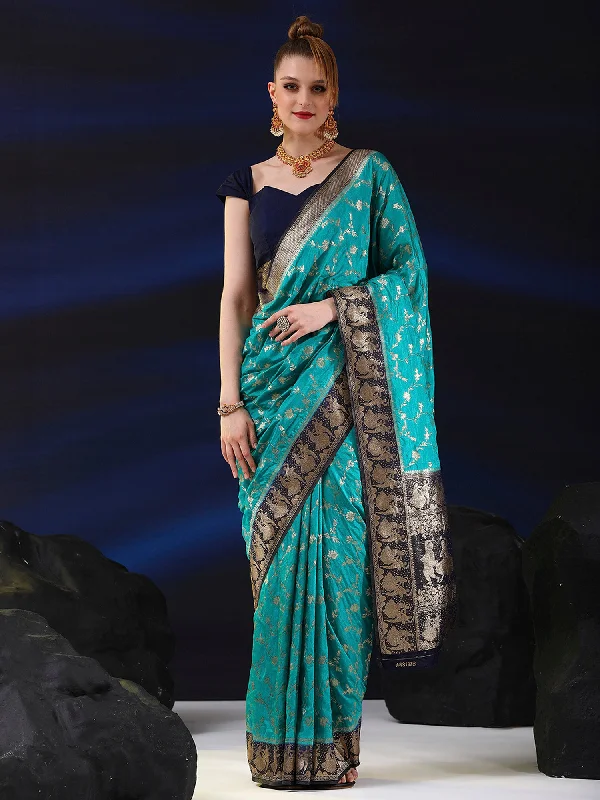 Women's Silk Blend Blue Woven Design Designer Saree With Blouse Piece Chic Sleeveless Blouse