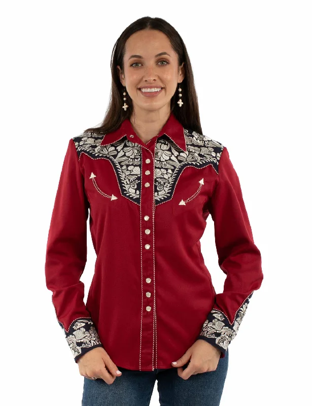Scully Womens Floral Yoke Embroidery Red/White/Blue Poly/Rayon L/S Shirt XL-- Terry Blend Velvet Blend Canvas Blend