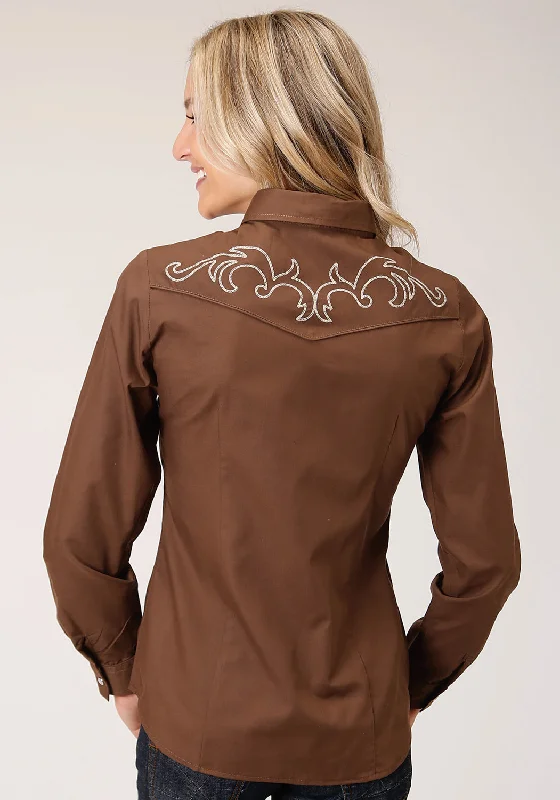 Roper Womens Warm Brown Cotton Blend Embroidered L/S Broadcloth Shirt-- Nylon Fabric Polyester Fabric Spandex Fabric