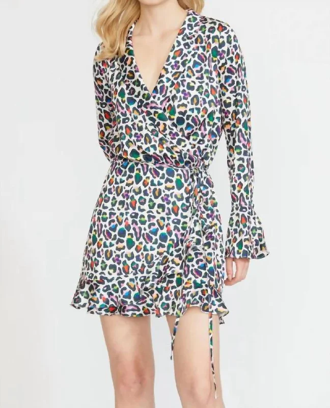 Ruffle Flounce Wrap Mini Dress In Leopard Fashionable Pleated Mini Dress