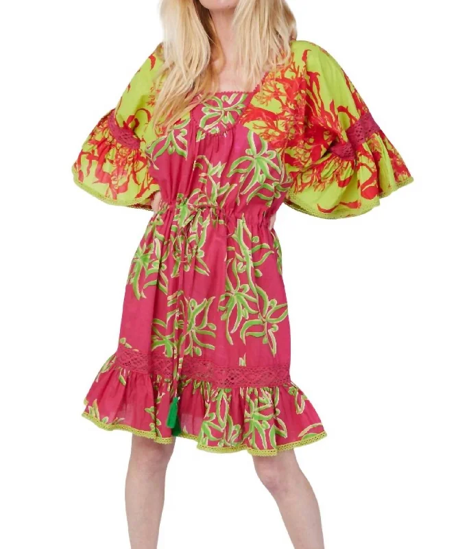 Sandra Tropical Print Mini Dress In Raspberry Lime Combo Fashionable Off-Shoulder Mini Dress