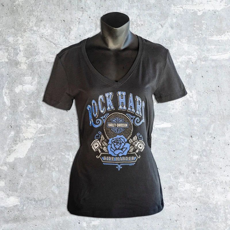 Lakeshore Harley Davidson- Black Women's V-Neck T-Shirt with Blue Rose-- Chenille Fabric Brocade Fabric Lace Fabric