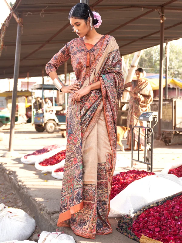 Women's Silk Blend Beige Printed Designer Saree With Blouse Piece Gathered Detail Blouse