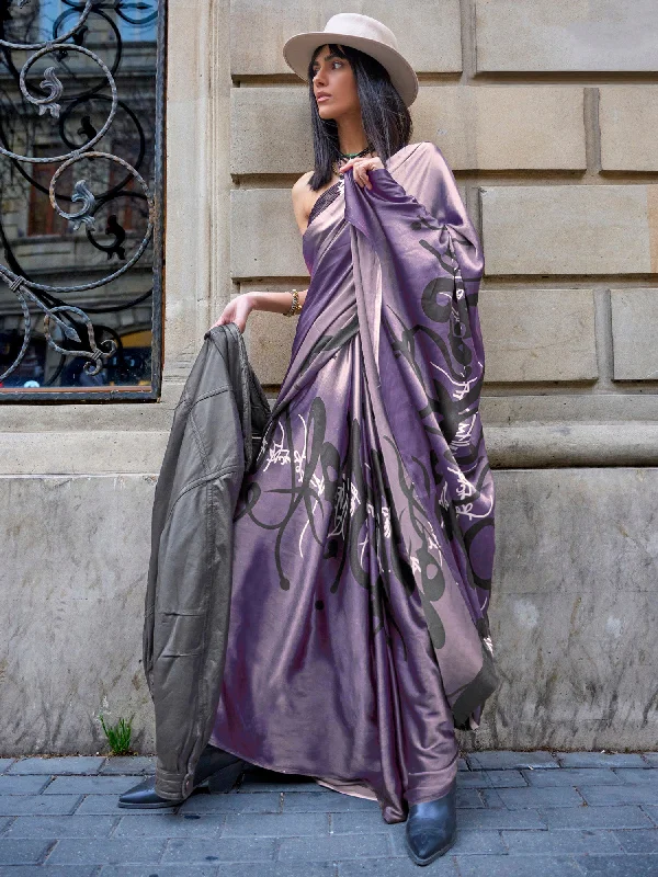 Women's Satin Purple Printed Designer Saree With Blouse Piece Airy Cotton Blouse