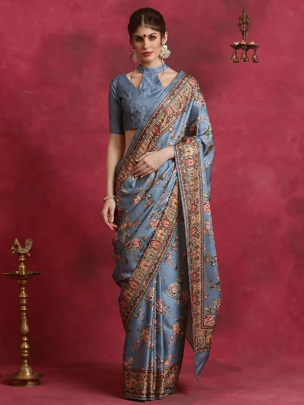 Women's Cotton Blend Grey Printed Designer Saree With Blouse Piece Modern Work Blouse