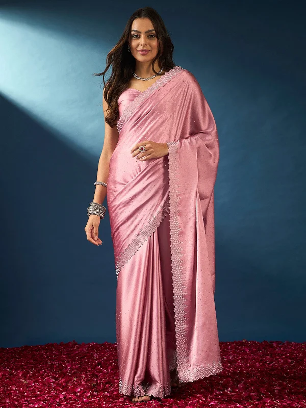 Women's Satin Silk Pink Embellished Designer Saree With Blouse Piece Embroidered Cotton Blouse