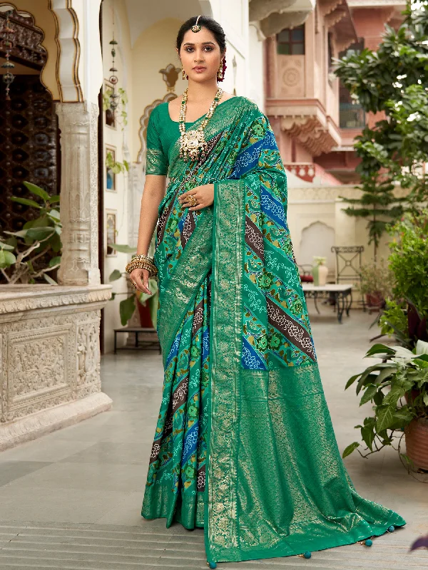 Women's Tussar Silk Teal green Printed Designer Saree With Blouse Piece Frilled Cuff Blouse