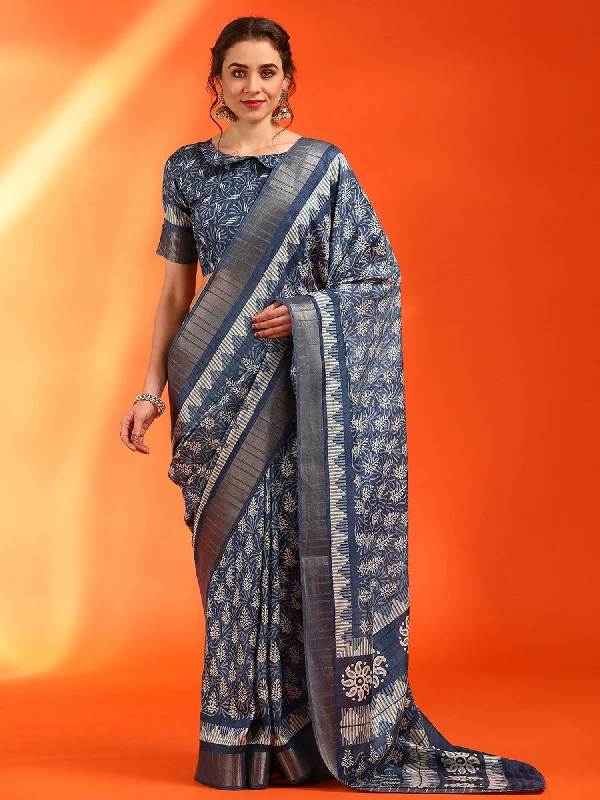 Women's Cotton Silk Navy Blue Printed Designer Saree With Blouse Piece Elegant Peplum Blouse