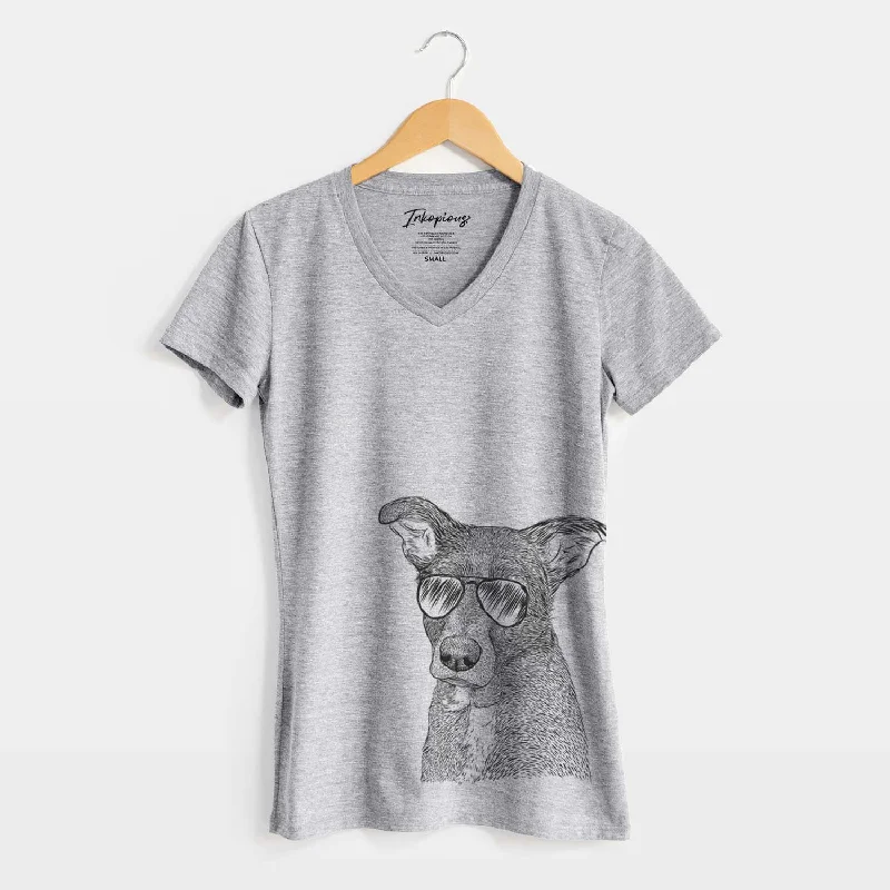 Aviator Wilbur the Shepherd Mix - Women's V-neck Shirt-- Spandex Blend Rayon Blend Denim Blend