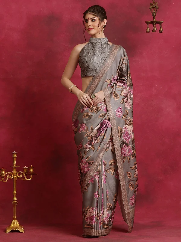 Women's Cotton Blend Grey Printed Designer Saree With Blouse Piece Vintage Lace Blouse