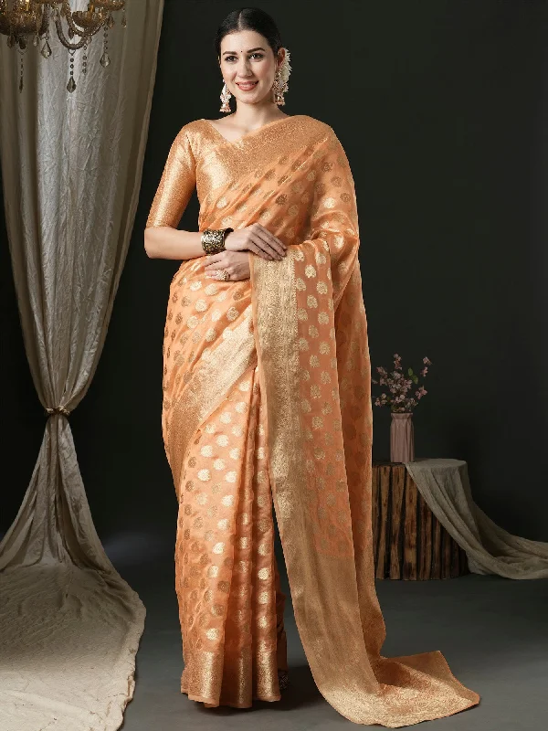 Women's Organza Peach Woven Design Designer Saree With Blouse Piece Chic Ruffle Blouse