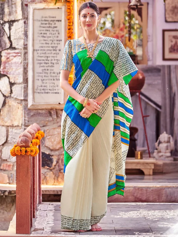 Women's Bhagalpuri Silk Cream Printed Designer Saree With Blouse Piece Backless Summer Blouse