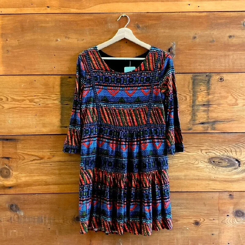 S - Desigual Multi-Color 3/4 Sleeve Wide Neck Jersey Knit Mini Dress 1213SM Comfortable Ruffle Mini Dress