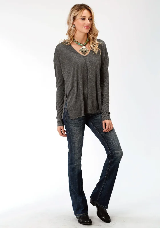 Stetson Womens Charcoal Heather Rayon Raw Edge L/S T-Shirt-- Wool Fabric Cashmere Fabric Tweed Fabric