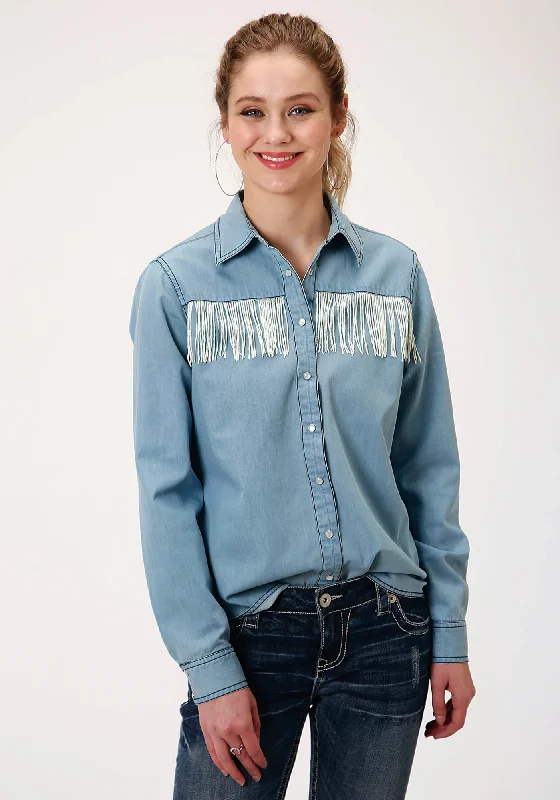 Roper Womens Lightwash Denim 100% Cotton Fringe L/S Shirt-- Houndstooth Herringbone Solid